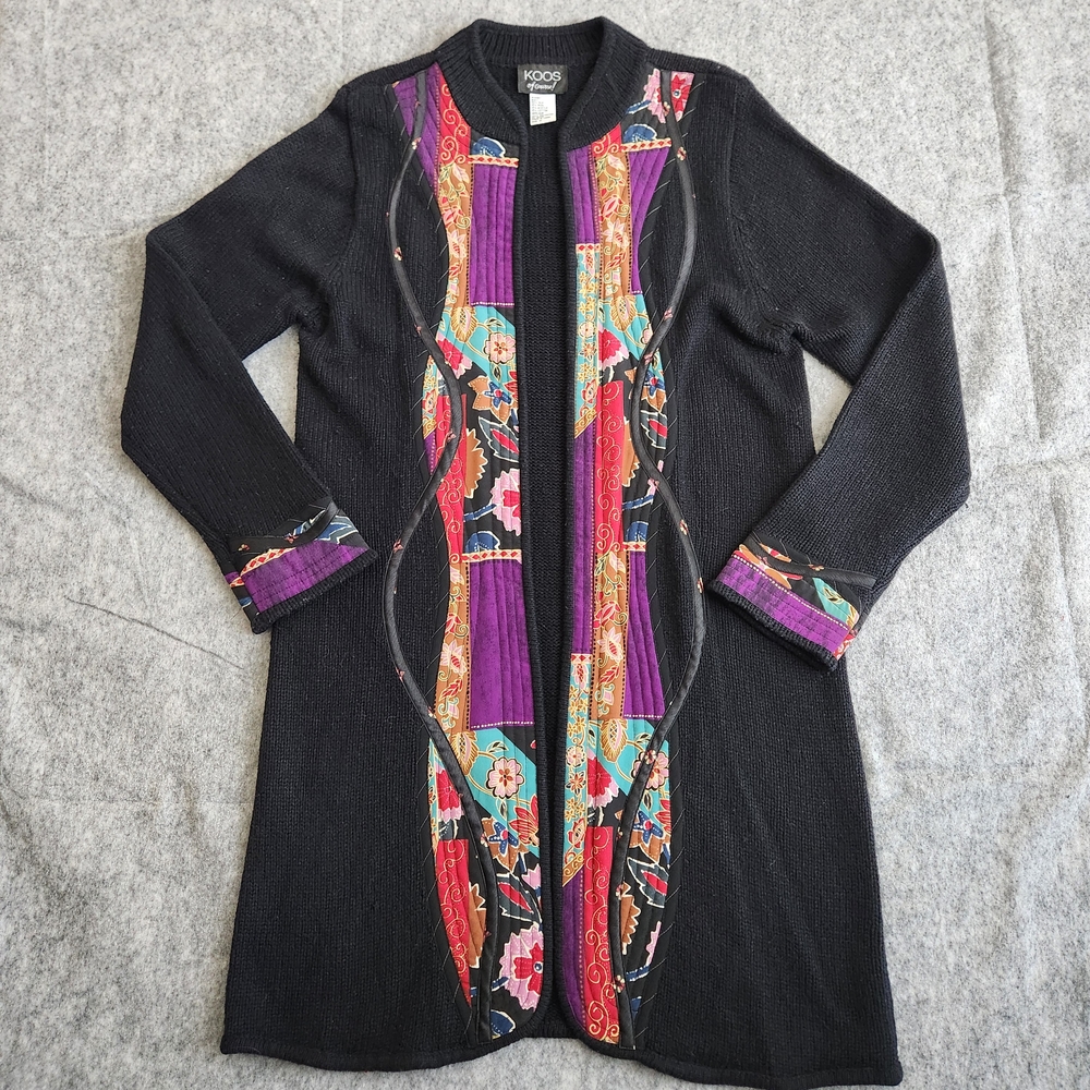 Koos Of Course Art To Wear Duster Cardigan Women's M Black Quilted Patchwork